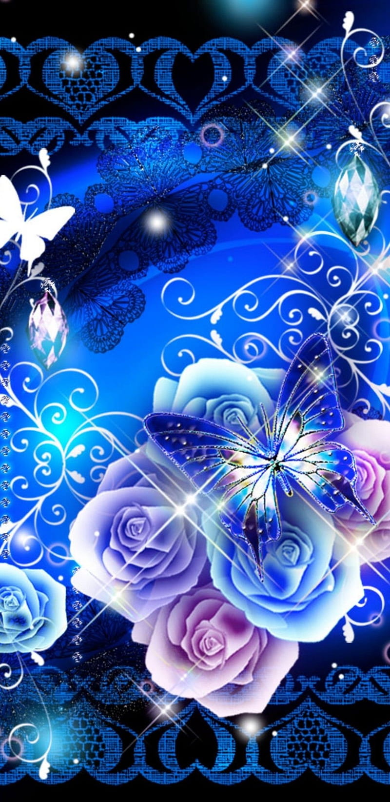 Fantasy Garden, bonito, blue, butterfly, fantasy, flowers, heart, roses, sparkle, swirling, HD phone wallpaper
