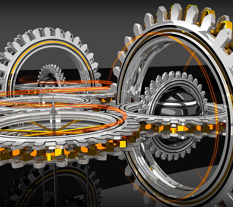 Gold Gears, 3d, abstract, metal, steel, HD wallpaper