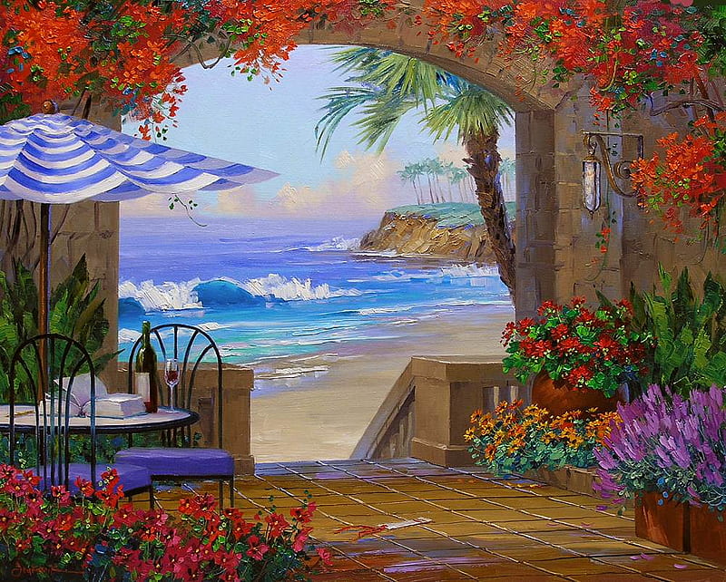 Mikki Senkarik. Essence of romance, art, mikki senkarik, painting, flower, umbrella, chair, terrace, HD wallpaper