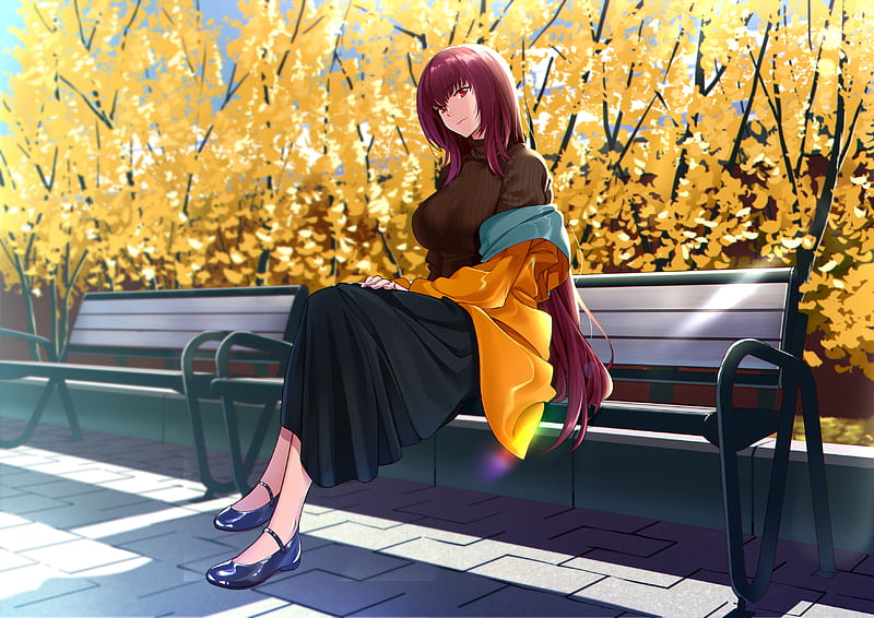 scathach, fate grand order, bench, yellow flowers, purple hair, park, pretty, Anime, HD wallpaper