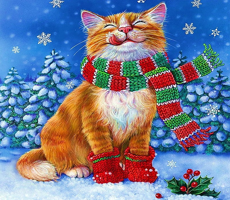 Christmas kitten, christmas, holiday, snow, cat, kitten, HD wallpaper