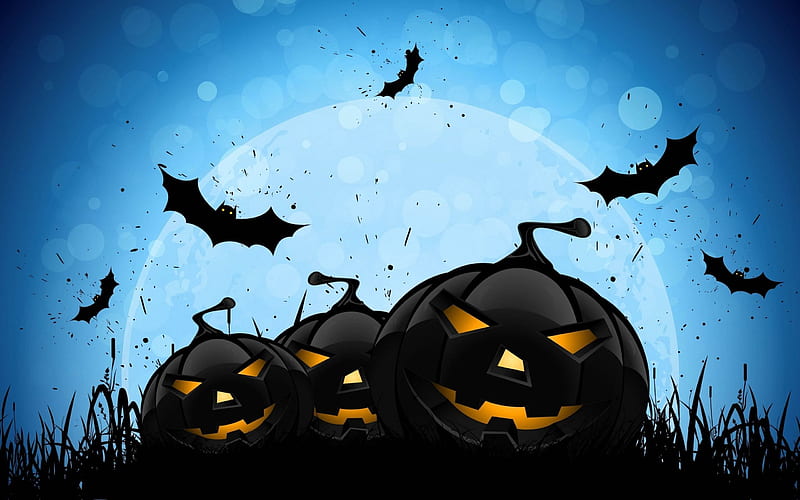 halloween, pumpkins, bats, night, moon, HD wallpaper