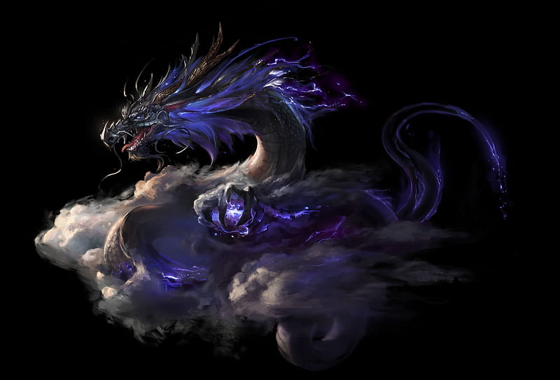 Dragon, black, z q, blue, art, cloud, luminos, fantasy, zqart, chang ling, white, HD wallpaper