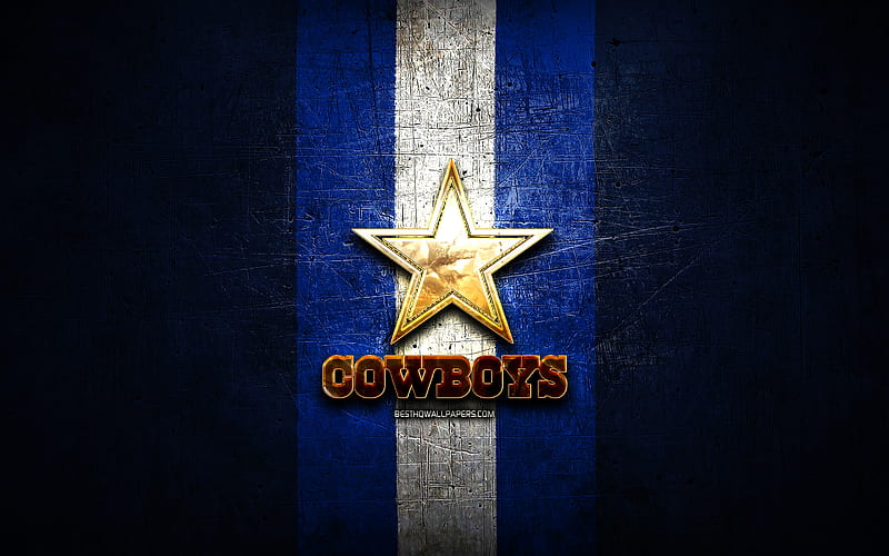 Dallas Cowboys, golden logo, NFL, blue metal background, american football club, Dallas Cowboys logo, american football, USA, HD wallpaper