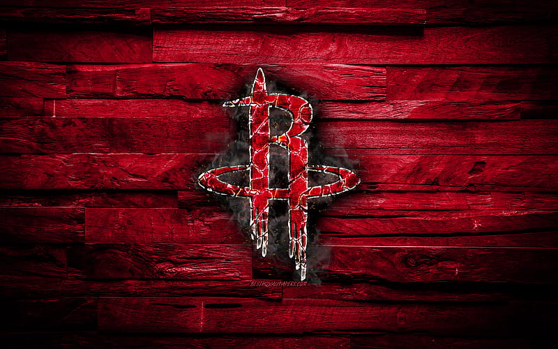 Houston Rockets scorched logo, NBA, red wooden background, american basketball team, Western Conference, grunge, basketball, Houston Rockets logo, fire texture, USA, HD wallpaper