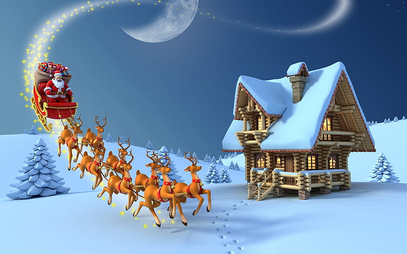 Santa Claus, 3d, deer, winter, christmas landscape, New Year, snow, Christmas, HD wallpaper