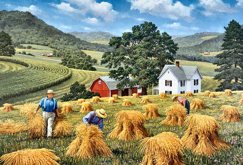 Harvest Time F2, art, autumn, harvest, artwork, farm, painting, wide screen, scenery, field, landscape, HD wallpaper