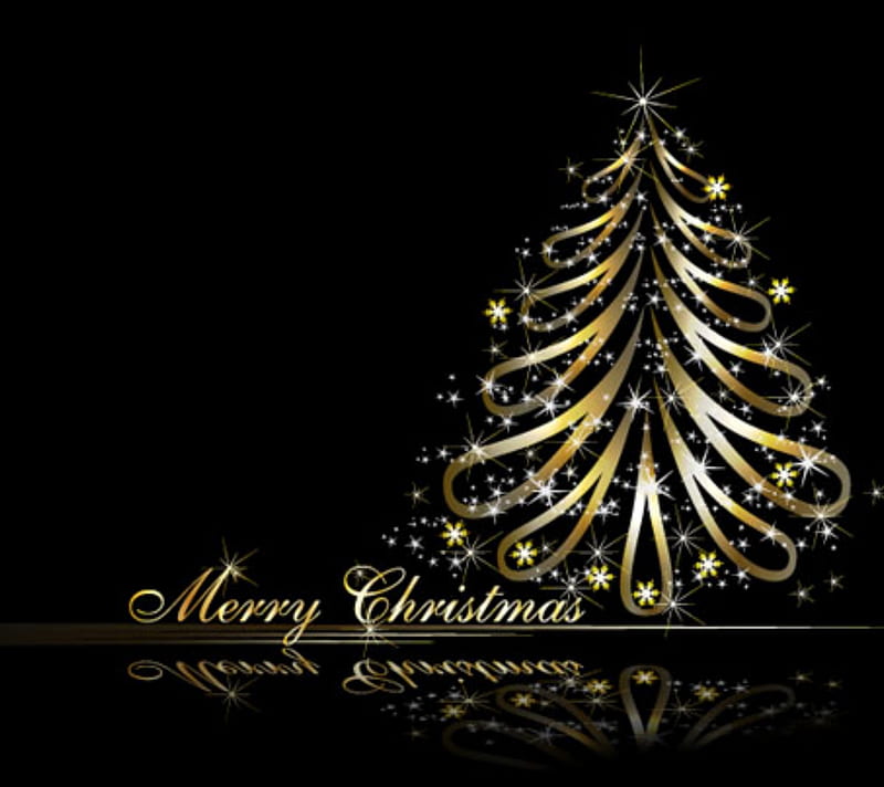 merry christmas, black, christmas tree, gold, xmas, HD wallpaper