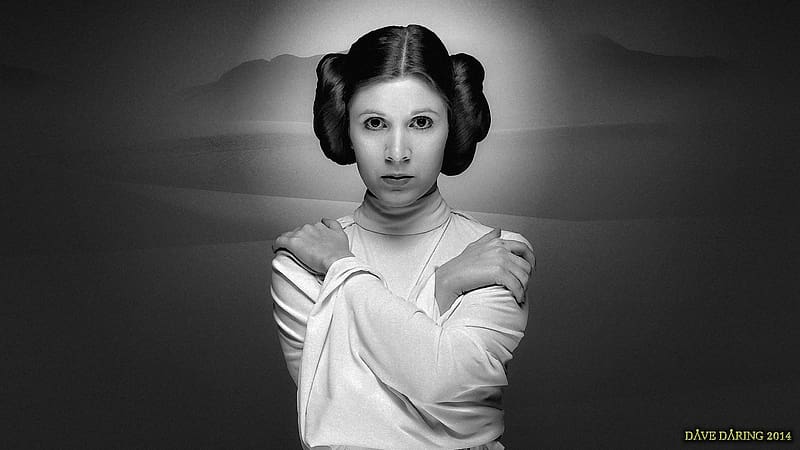 Carrie Fisher Princess Leia XLIII Paint, celebrities, paint, actrice, people, carrie fisher, black and white, princess leia, HD wallpaper