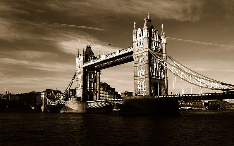 Tower Bridge London, architecture, thames, england, buildings, bridges, tower bridge, black and white, bonito, sky, clouds, london, nature, rivers, HD wallpaper