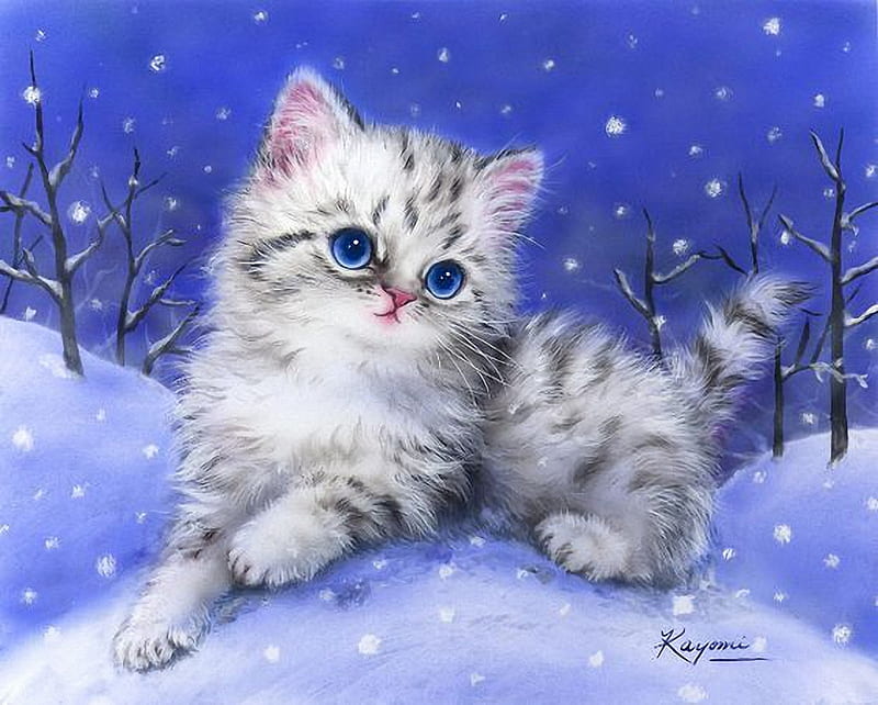 Snow Kitty, cute, painting, cat, winter, HD wallpaper | Peakpx
