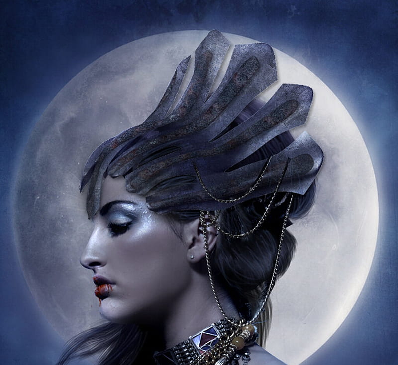 Akasha, moon, fantasy, andreea cernestean, moon, girl, face, vampire, jewel, HD wallpaper