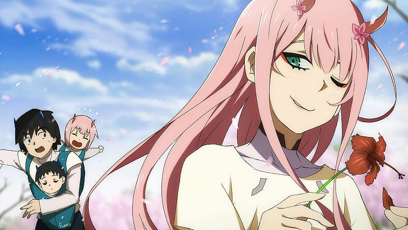darling in the franxx zero two blinking an eye hiro playing with children with background of blue sky and clouds anime, HD wallpaper