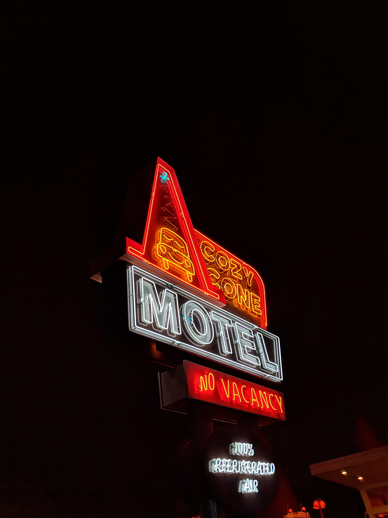 Cozy Cone Motel, logo, skyline, route, new york, van, route 66, carros, red, orange, HD phone wallpaper