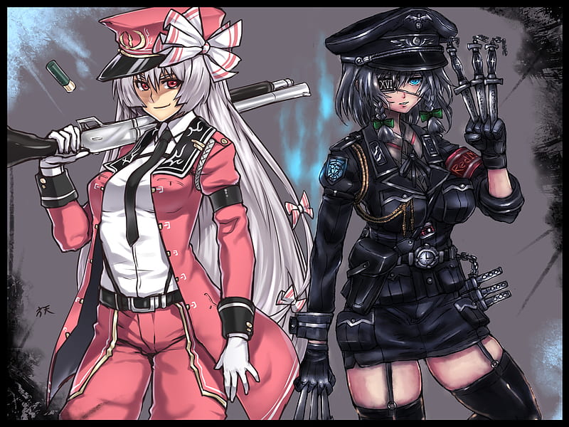 Anime, eyepatch, knifes, touhou, black, pink, shotgun, HD wallpaper