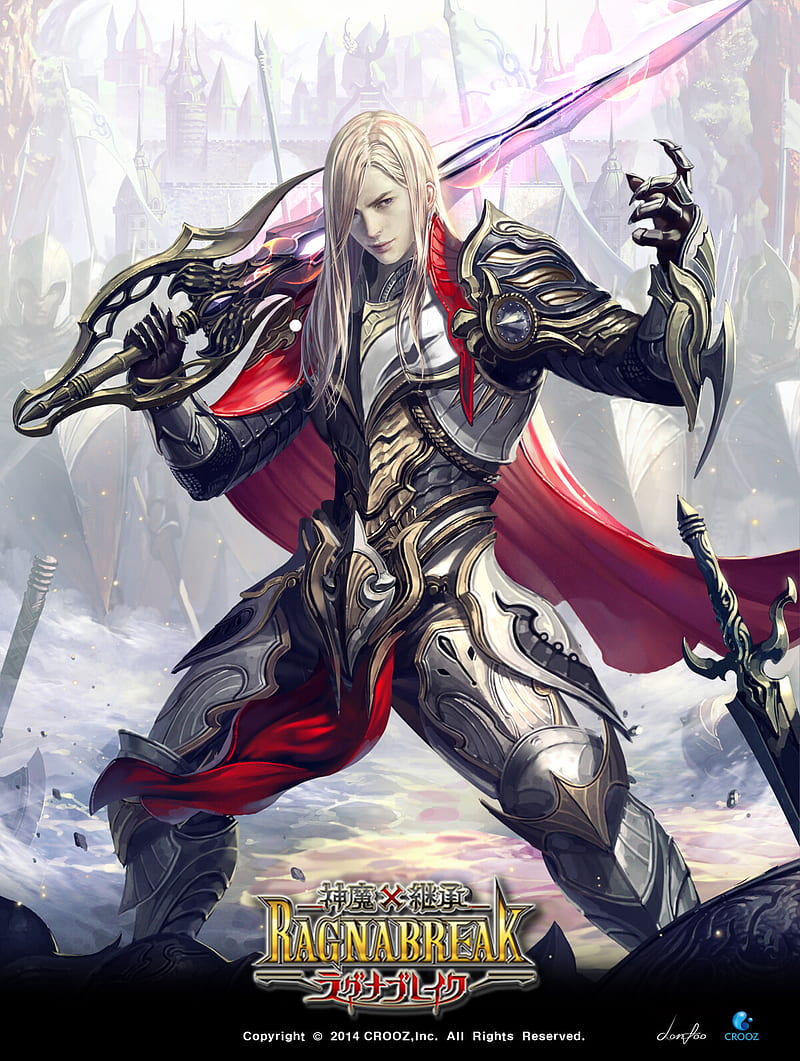 drawing, men, blonde, long hair, warrior, armor, steel, cape, red clothing, weapon, sword, spell, magic, HD phone wallpaper