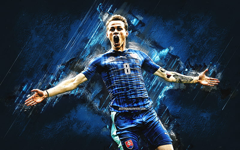 Ondrej Duda, Slovak national football team, portrait, Slovak footballer, blue stone background, football, HD wallpaper