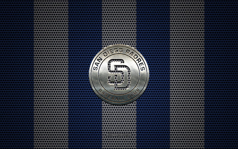 San Diego Padres logo, American baseball club, metal emblem, blue white metal mesh background, San Diego Padres, MLB, San Diego, California, USA, baseball, HD wallpaper