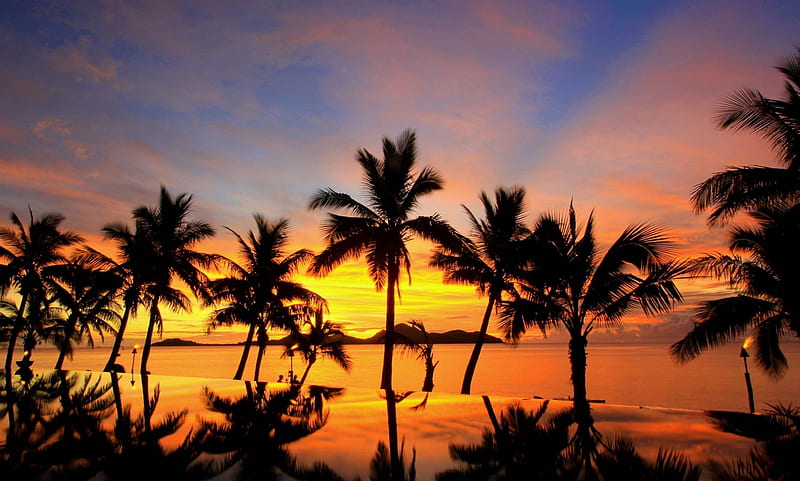Sunset over Fiji, polynesia, orange, french, dusk, sunset, sea, beach, sand, evening, reflection, swimming, exotic, islands, ocean, pacific, sky, south, pool, paradise, island, tropical, fiji, HD wallpaper