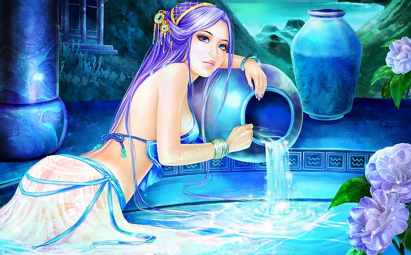 Aquarius, zodiac sign, pitcher, water, girl, HD wallpaper