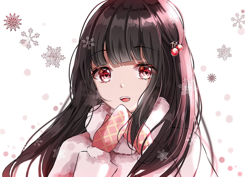 cute anime girl, brown hair, smiling, gloves, winter, coat, Anime, HD wallpaper