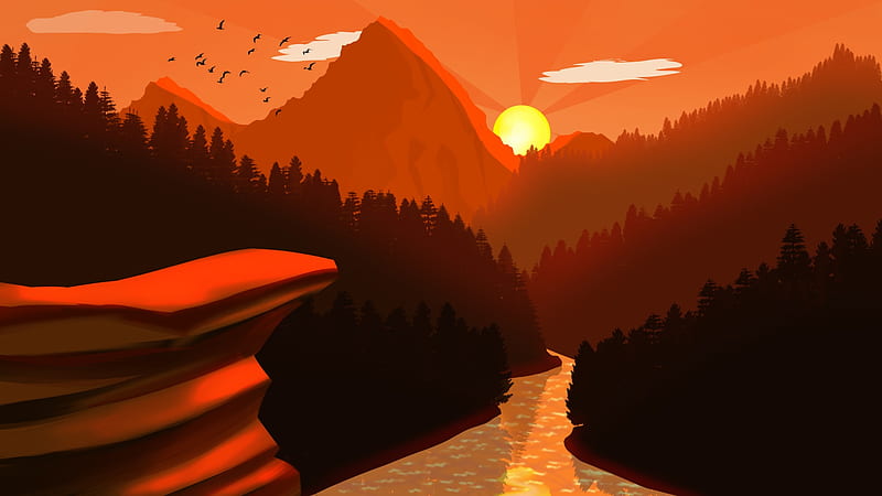 Nature Sunset Near Mountain River Artwork, HD wallpaper