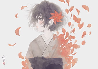 Chica anime, kimono, pétalos de flores, vista de perfil, anime, Fondo de  pantalla HD | Peakpx