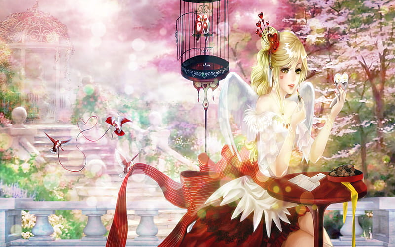 Red Heart Angel, chocolate, plant, valentine, wing, lipstick, sweet, fantasy, love, anime, pavilion, anime girl, table, wings, romance, food, ribbon, sky, sexy, cute, cage, makeup, heart, white, red, scenic, dress, parrot, make-up, animal, staircase, stair, happy valentine, hot, letter, valentines, female, cloud, romantic, valentine day, angel, lovebirds, love bird, make up, tree, girl, bird, cupid, love letter, scene, HD wallpaper