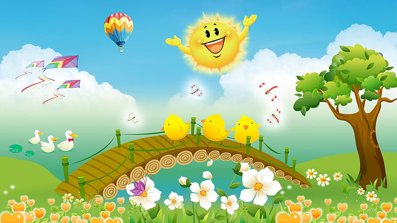 Summer Fun, kites, ducks, trees, clouds, lake, cute, balloon, bridge, dragonflies, summer, flowers, sunshine, whimiscal, field, HD wallpaper