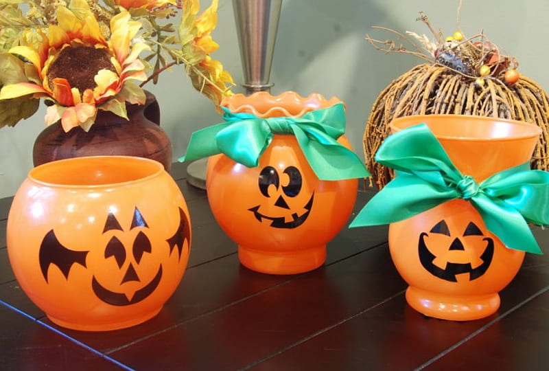 Happy pumpkins, rustic, candle, orange, halloween, ribbons, bows, happy, thanksgiving, holders, green, sunflowers, pumpkin, HD wallpaper