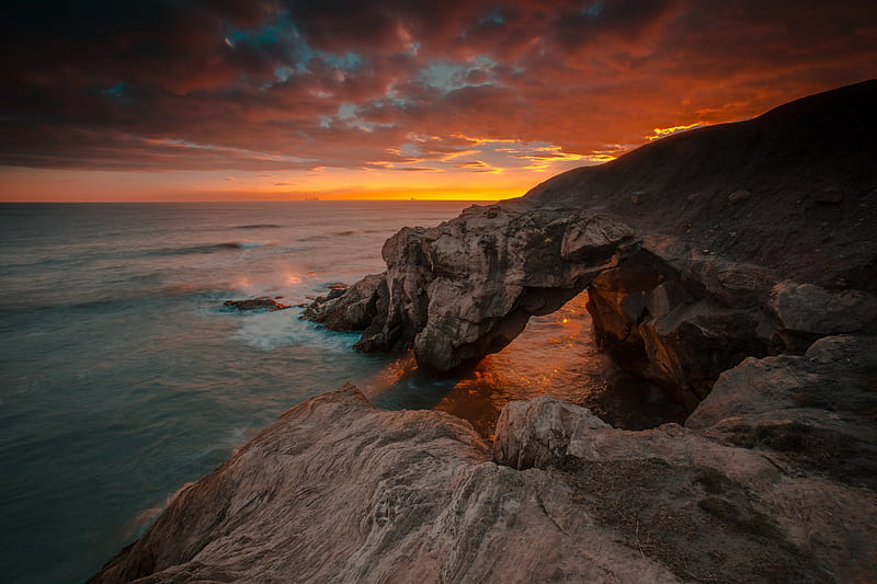 Northumberland, coast, arch, sea, sunrise, rocks, UK, England, HD wallpaper
