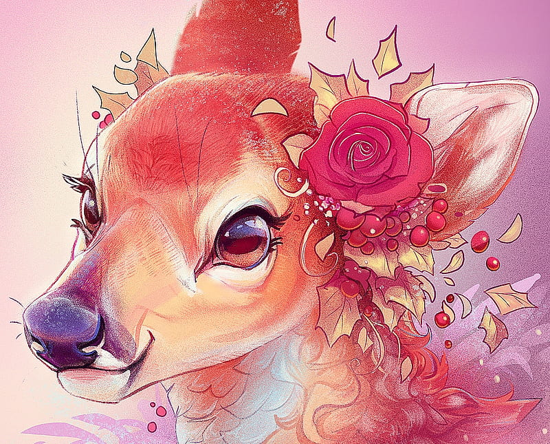 Deer, fantasy, luminos, rose, flower, pink, animal, puffygator, frumusete, cute, HD wallpaper