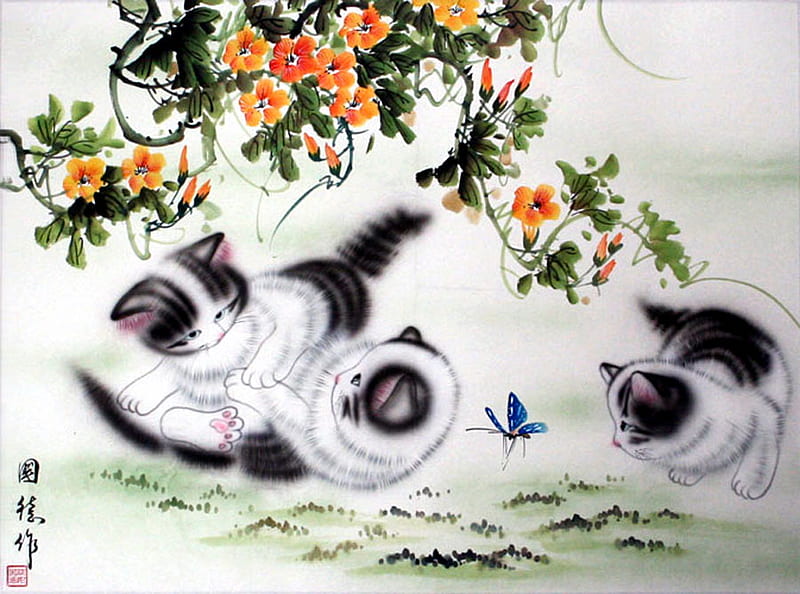 Ou-Yang Guo-De, art, kittten, flower, cat, animal, HD wallpaper