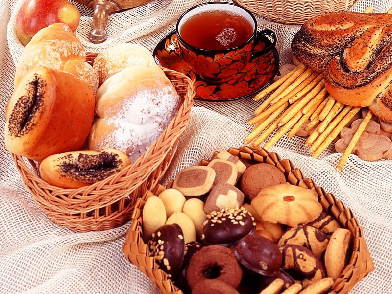 Bakery, delicious, sweets, food, bread, biscuits, tea, cookies, nice, HD wallpaper