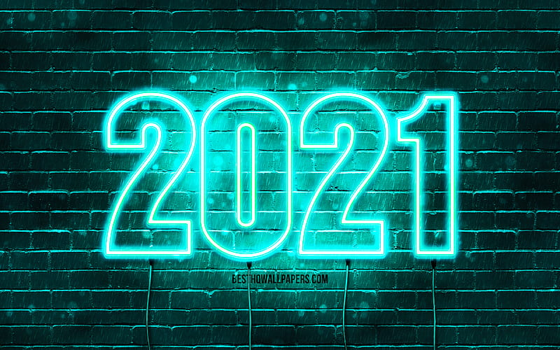 Happy New Year 2021, turquoise brickwall, 2021 turquoise neon digits, 2021 concepts, wires, 2021 new year, 2021 on turquoise background, 2021 year digits, HD wallpaper