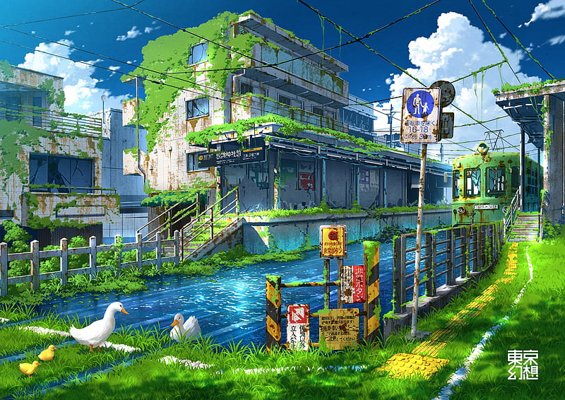 Anime ruins, post-apocalyptic, green, ducks, buildings, train, Anime, HD  wallpaper | Peakpx