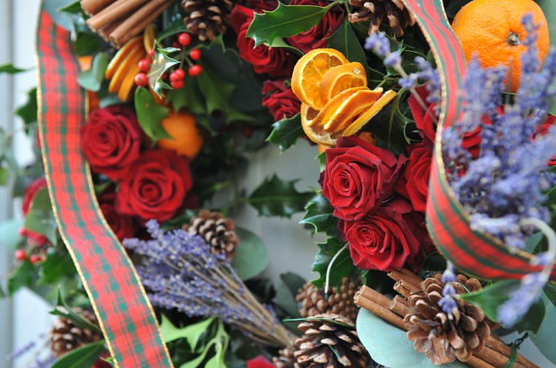≡Christmas Is Coming≡, red roses, wreath, orange, christmas, welcome, ribbon, pine cone, is coming, lavender, bow, winter, fresh flowers, love, siempre, arrangement, nature, HD wallpaper