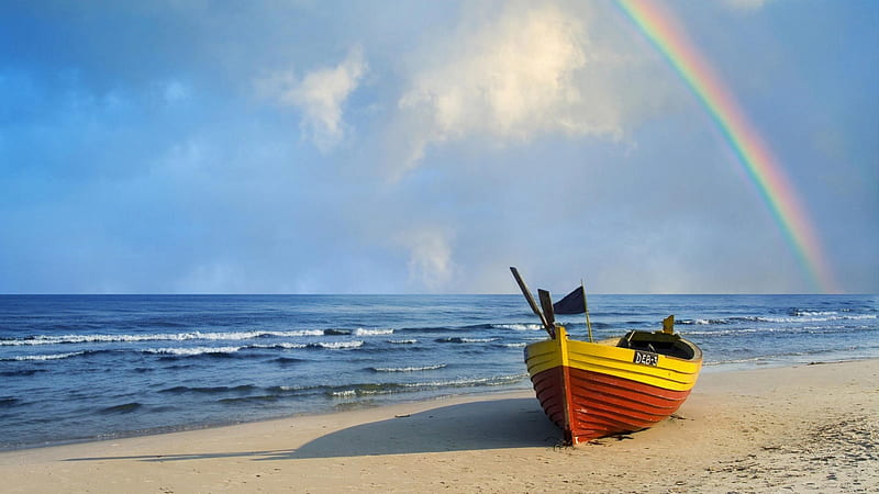 rainbow over row boat on the beach, beach, rainbow, row boat, sea, HD wallpaper