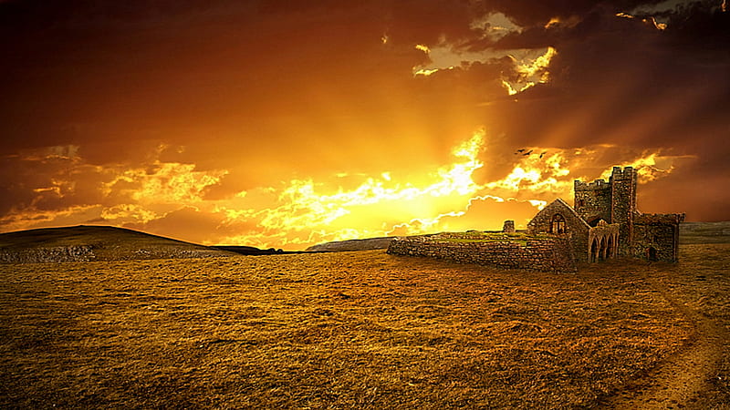 Thats The Way Of Light, warm, brightness, castle, sky, ray, HD wallpaper