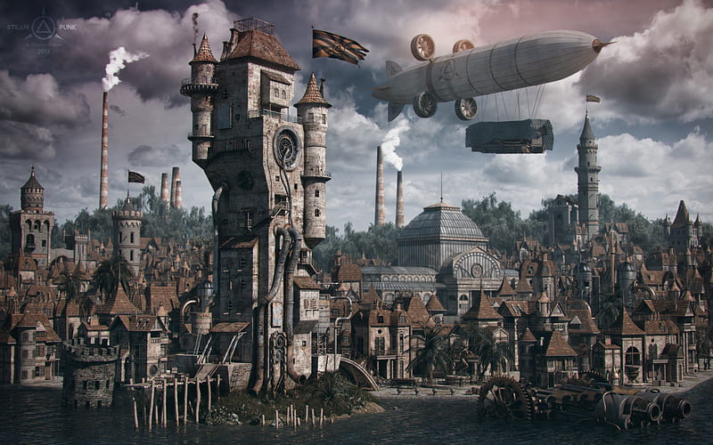 Steampunk, city, plane, destruction, HD wallpaper