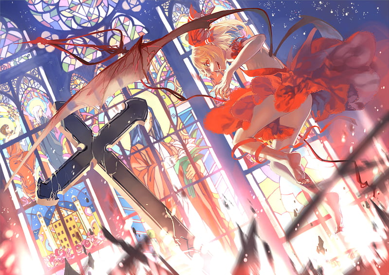 Destroy the Church!, bat wings, dress, vampires, red dress, scarlet, side ponytail, ponytail, laevatein, anime, touhou, long hair, wings, flandre, stained glass, ribbon, newrein, hair ribbon, blonde hair, church, flandre scarlet, pixiv id 964140, cross, red eyes, HD wallpaper