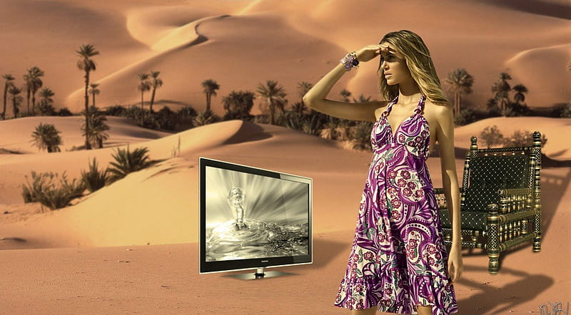Life In Desert, monitor, wahab hameed, lcd, desert, life, golden, samsung, tree, sand, girl, oasis, smart aleck, chair, sofa, HD wallpaper