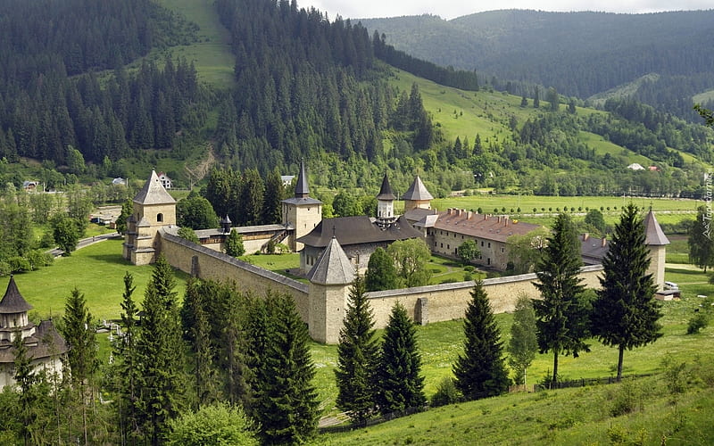 Sucevita Monastery, Romania, Christian, Romania, mountains, monastery, HD wallpaper