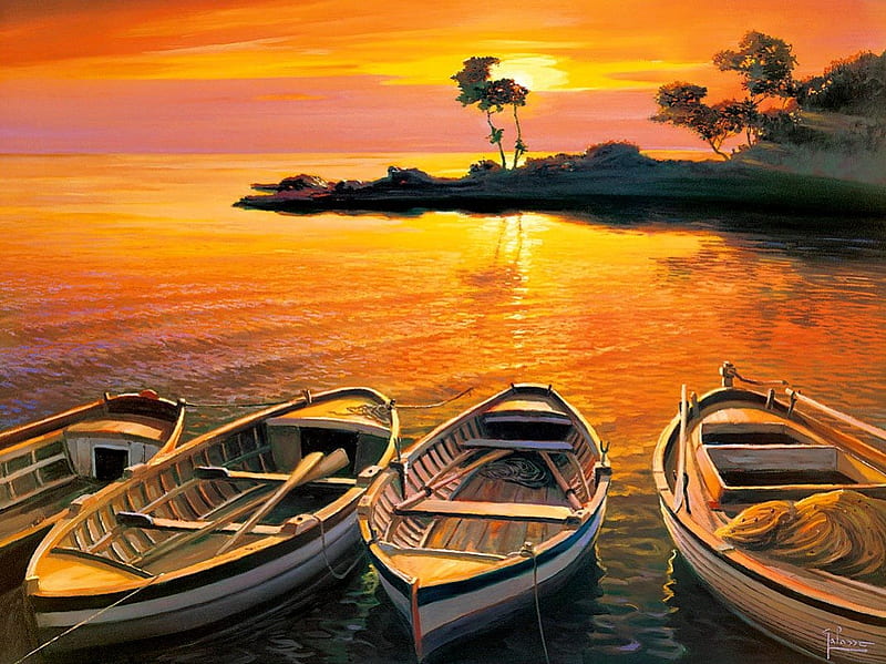Small harbor, pretty, colorful, glow, orange, bonito, sunset, small, nice, boats, dock, painting, river, sunrise, reflection, amazing, quiet, calmness, lovely, port, golden, sky, trees, lake, water, rays, harbor, HD wallpaper