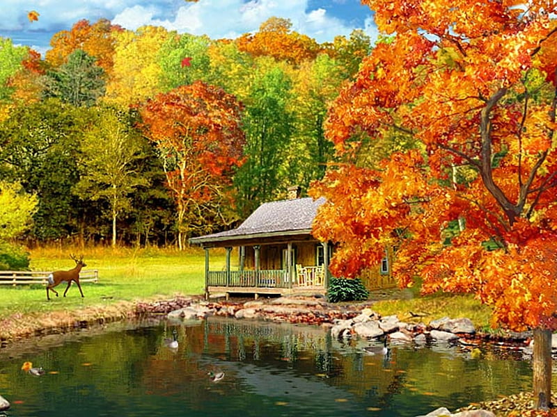 3D FALLING LEAVES, pond, colorful, autumn, 3d, leaves, trees, deer, HD  wallpaper | Peakpx