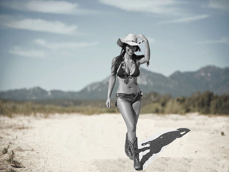 Cowgirl Kim K., female, desert, westerns, models, hats, boots, fun, outdoors, mountains, cowgirls, famous, hot, fashion, style, HD wallpaper
