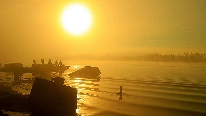 fishing off a wharf in a foggy hazy sunrise, haze, fishermen, river, sunrise, wharf, fog, HD wallpaper