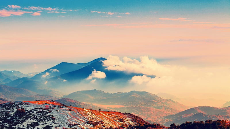 beautiful mountainscape at sunrise, hills, mountains, sunrise, clouds, fog, HD wallpaper
