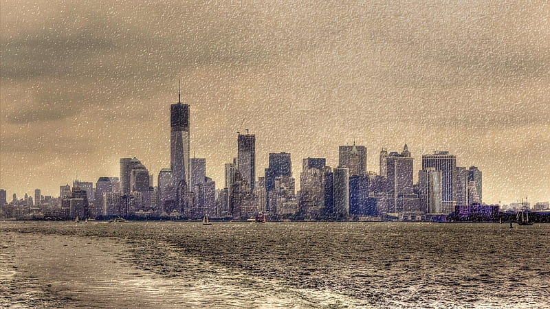 manhattan from new york bay r, city, snow, r, bay, sailboats, skyscrapers, HD wallpaper