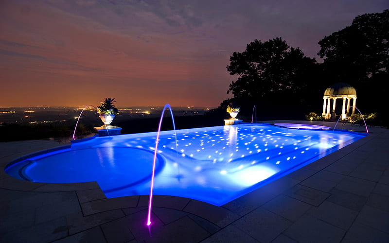 pool, lighted rails, night, overlook, HD wallpaper